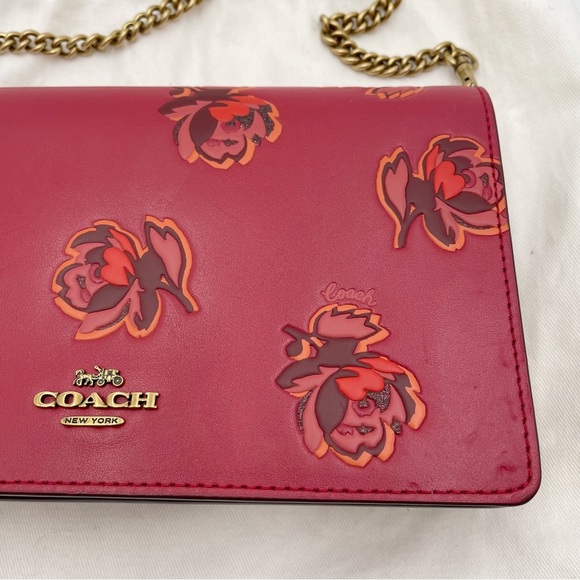 Coach Callie Foldover Chain Clutch With Floral Print Leather Red Apple - Picture 5 of 16